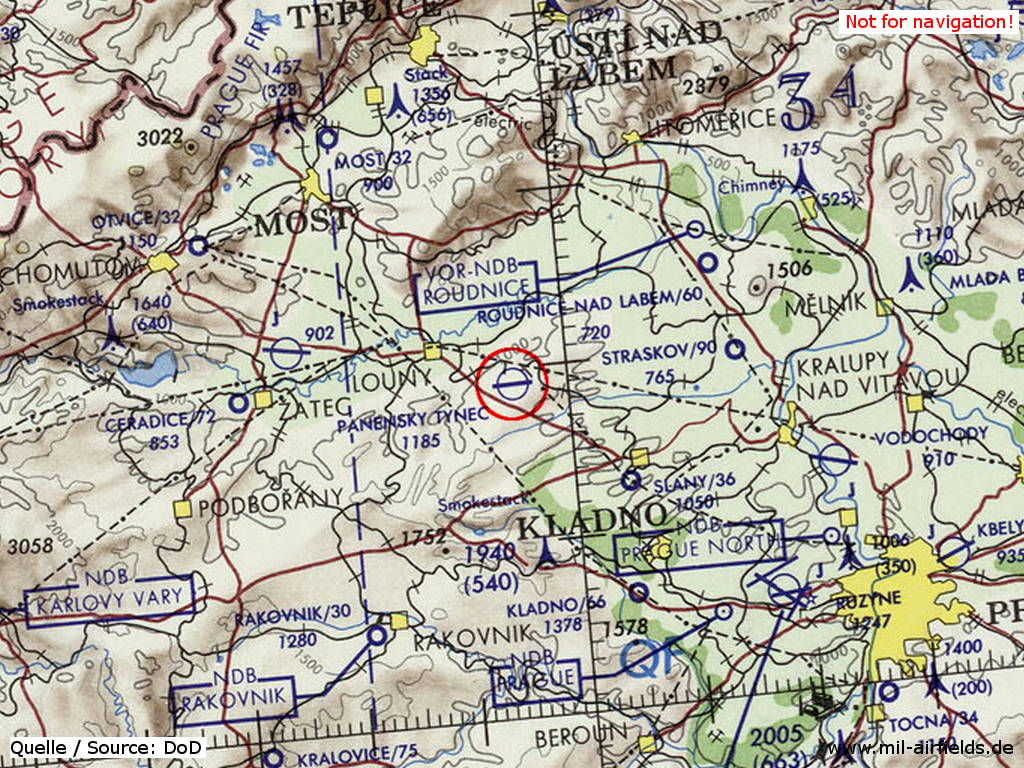 Panenský Týnec Airfield on a map 1973