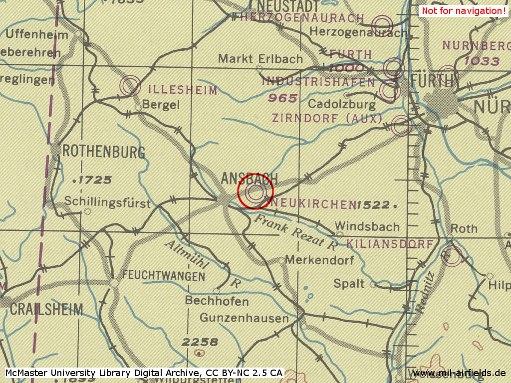 Fliegerhorst Ansbach im Zweiten Weltkrieg auf einer US-Karte 1944