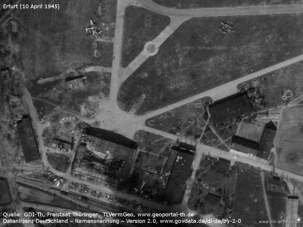 Erfurt, Germany, 1945: Detail: Destroyed hangar in the west, aircraft scrap