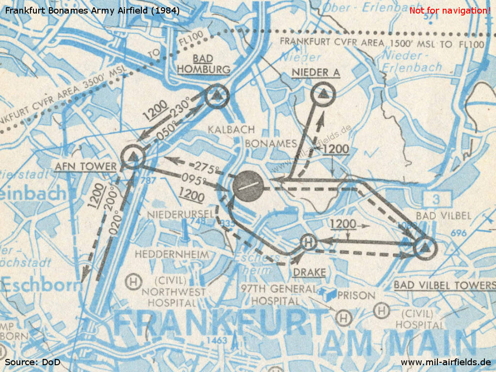 Karte Anflug und Abflug Flugplatz Frankfurt Bonames