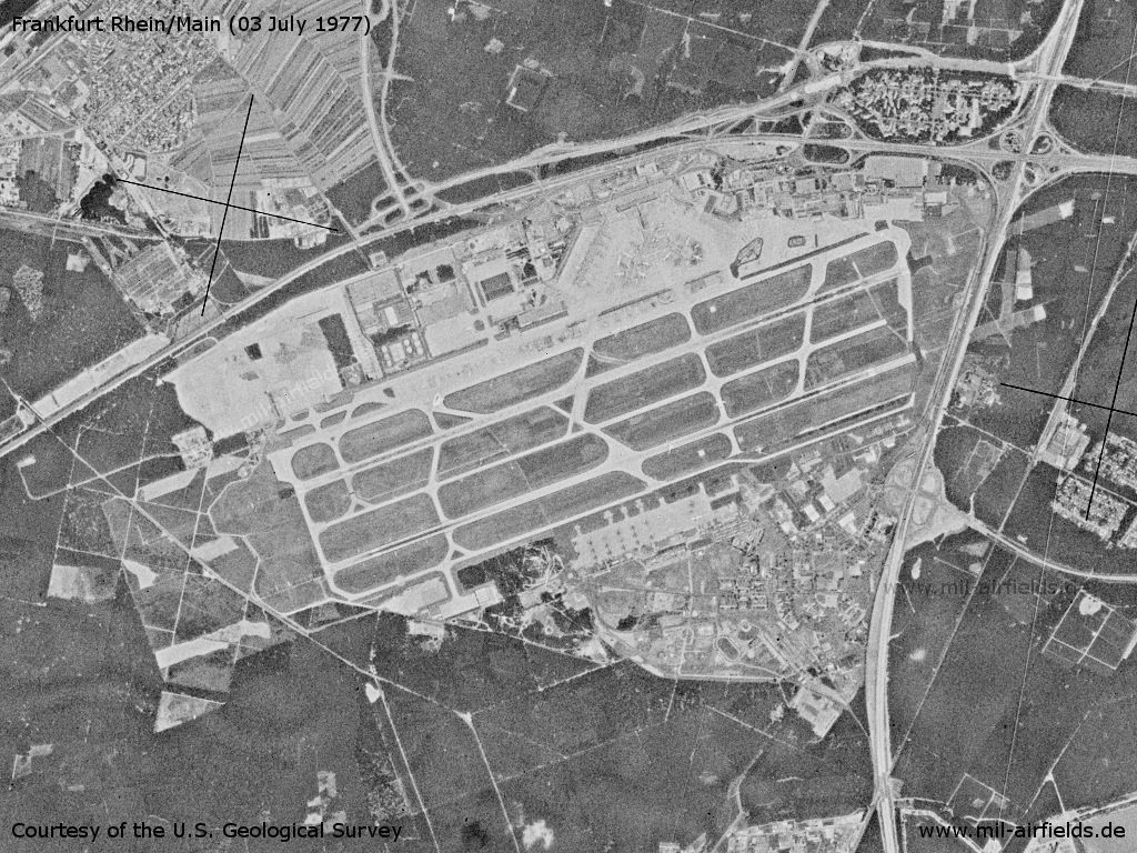 Frankfurt/M Rhein/Main Airport and Air Base, Germany, on a US satellite image 1977