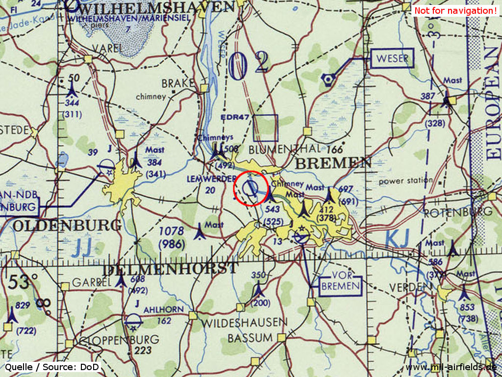 Flugplatz Lemwerder in der Nähe von Bremen auf einer US-Karte 1972