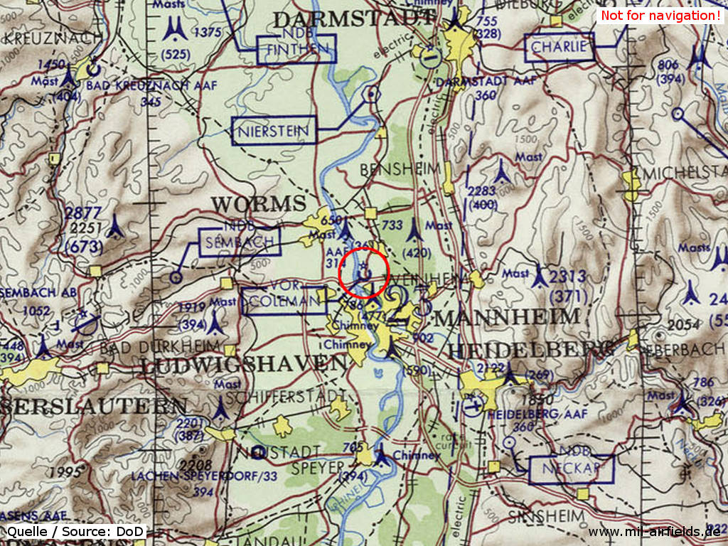 Coleman Army Airfield AAF in Mannheim auf einer Karte 1972