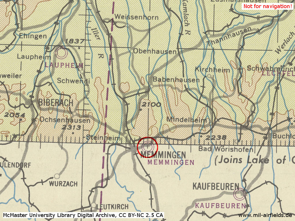 Fliegerhorst Memmingen im Zweiten Weltkrieg auf einer US-Karte 1944