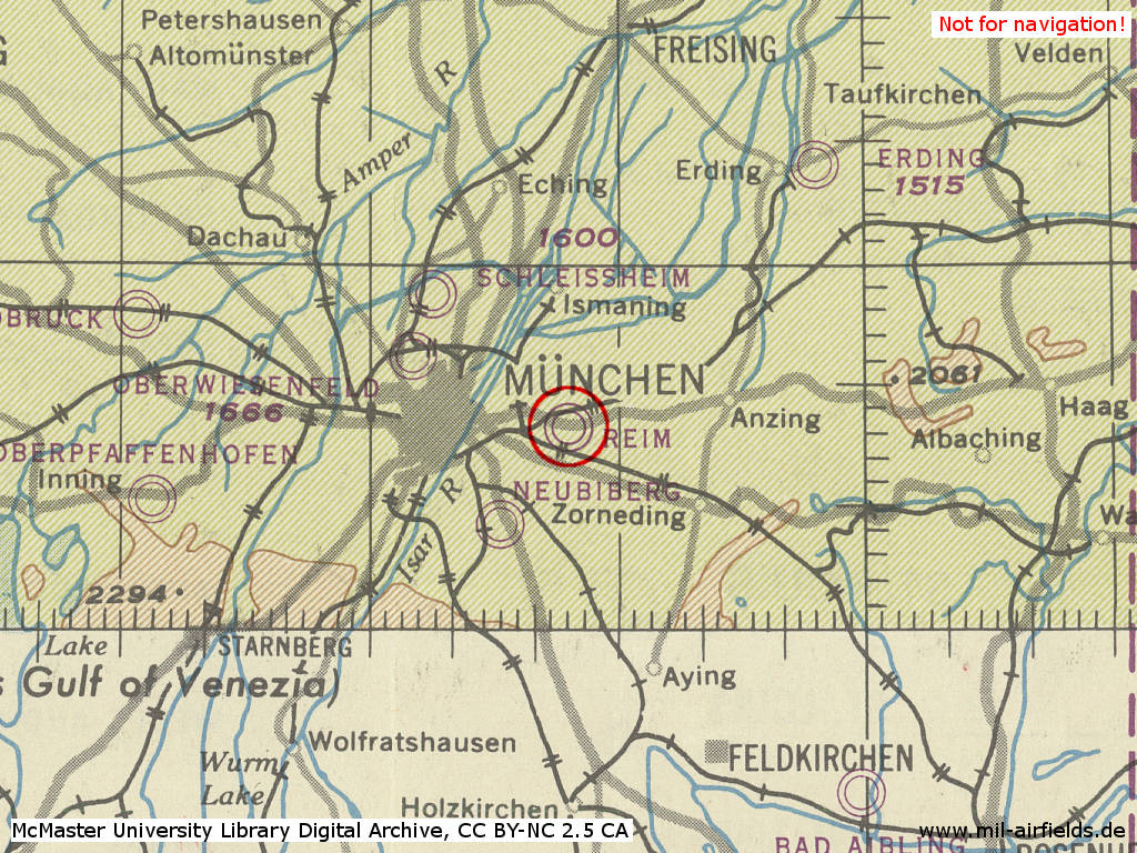 Karte der Flugplätze im Raum München 1944.