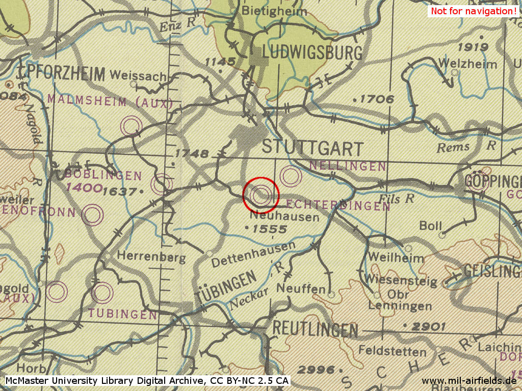 Karte mit Flughafen Stuttgart im Zweiten Weltkrieg
