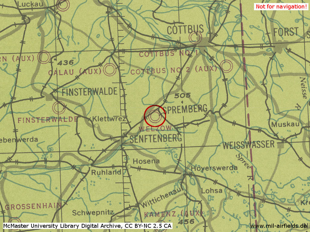 Fliegerhorst Welzow im Zweiten Weltkrieg auf einer Karte 1944