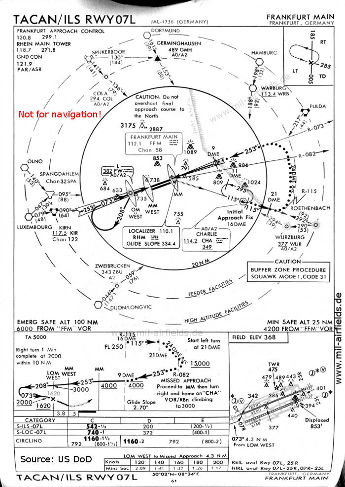 High TACAN-ILS approach chart runway 07L Frankfurt Rhein-Main Airport, Germany 1968
