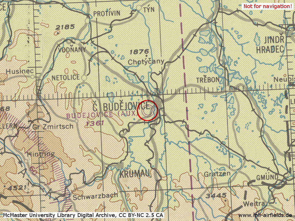 České Budějovice Air Base on a map 1944