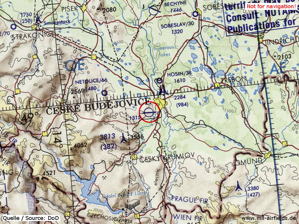České Budějovice Air Base, Czech Republic, on a map 1973