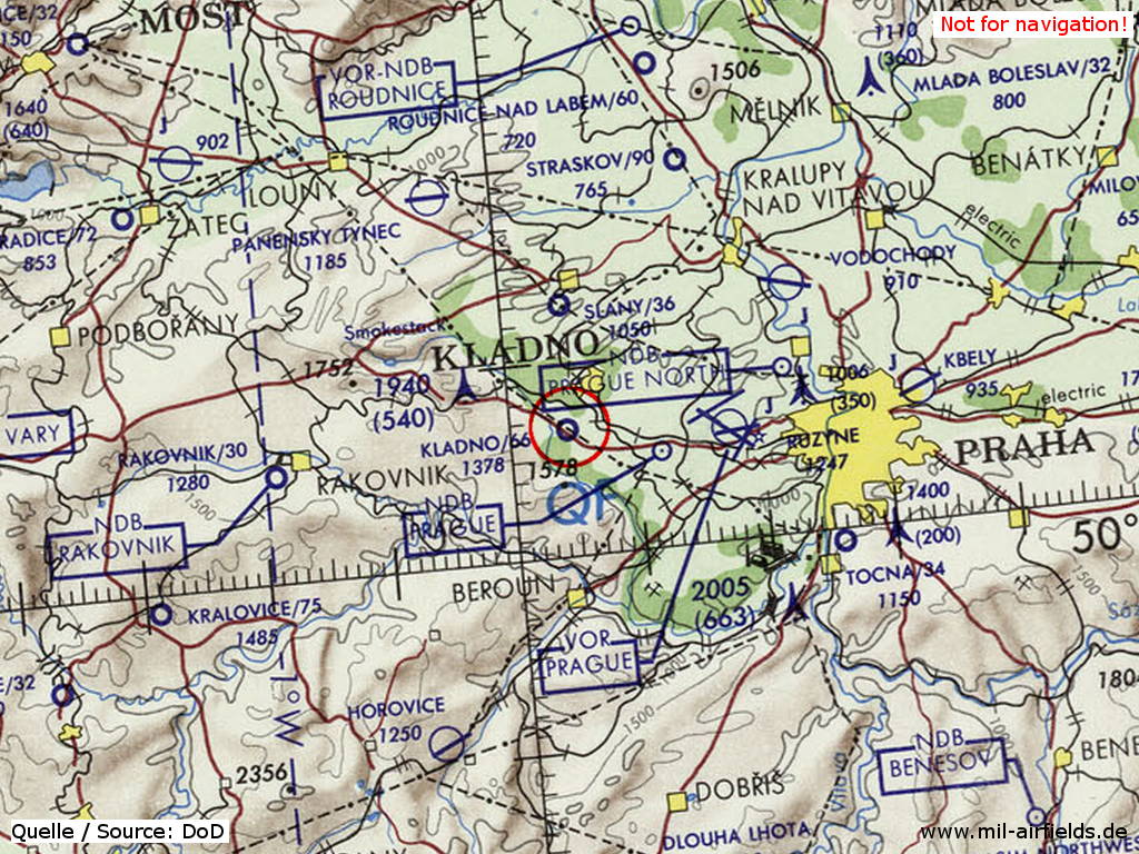 Flugplatz Kladno auf einer Karte 1972
