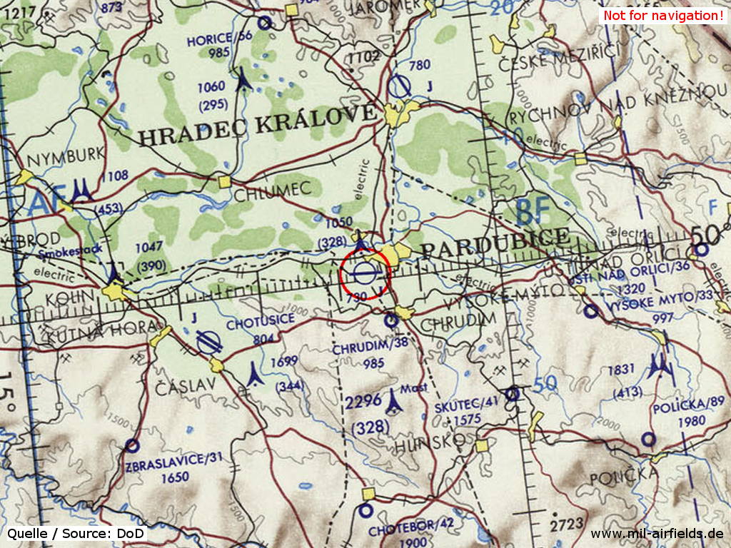 Flugplatz Pardubice auf einer Karte 1973