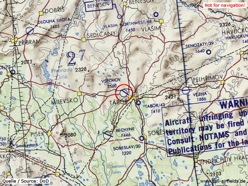Flugplatz Tábor auf einer Karte 1973