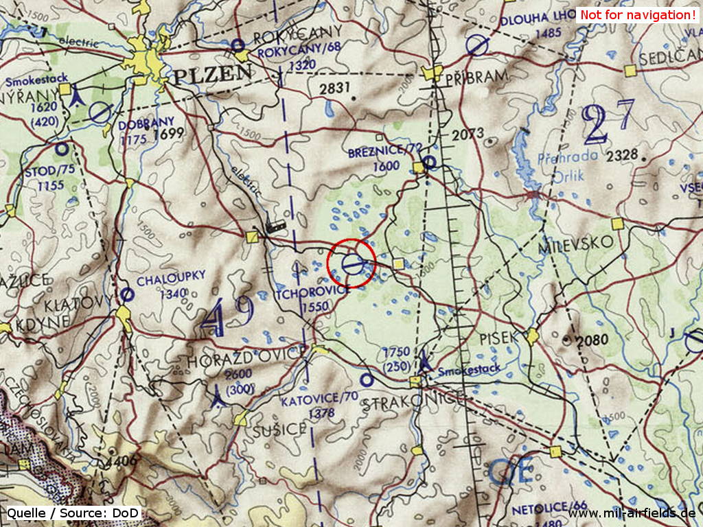 Tchořovice Airfield on a map 1972