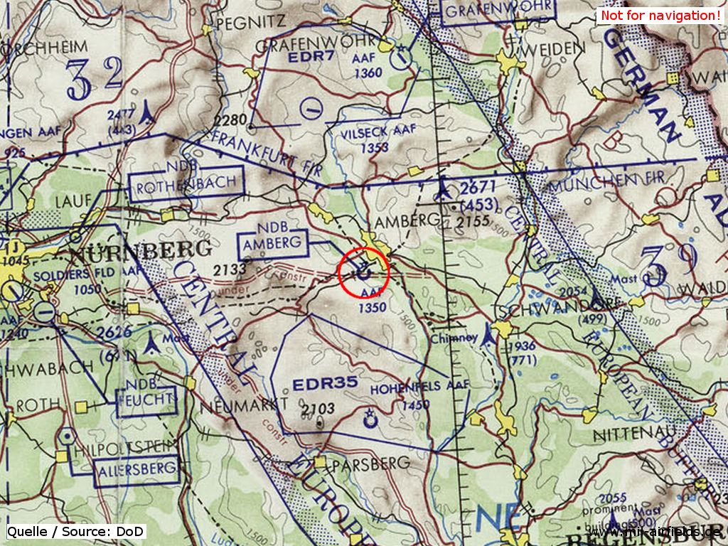Army-Flugplatz Amberg auf einer US-Karte 1972