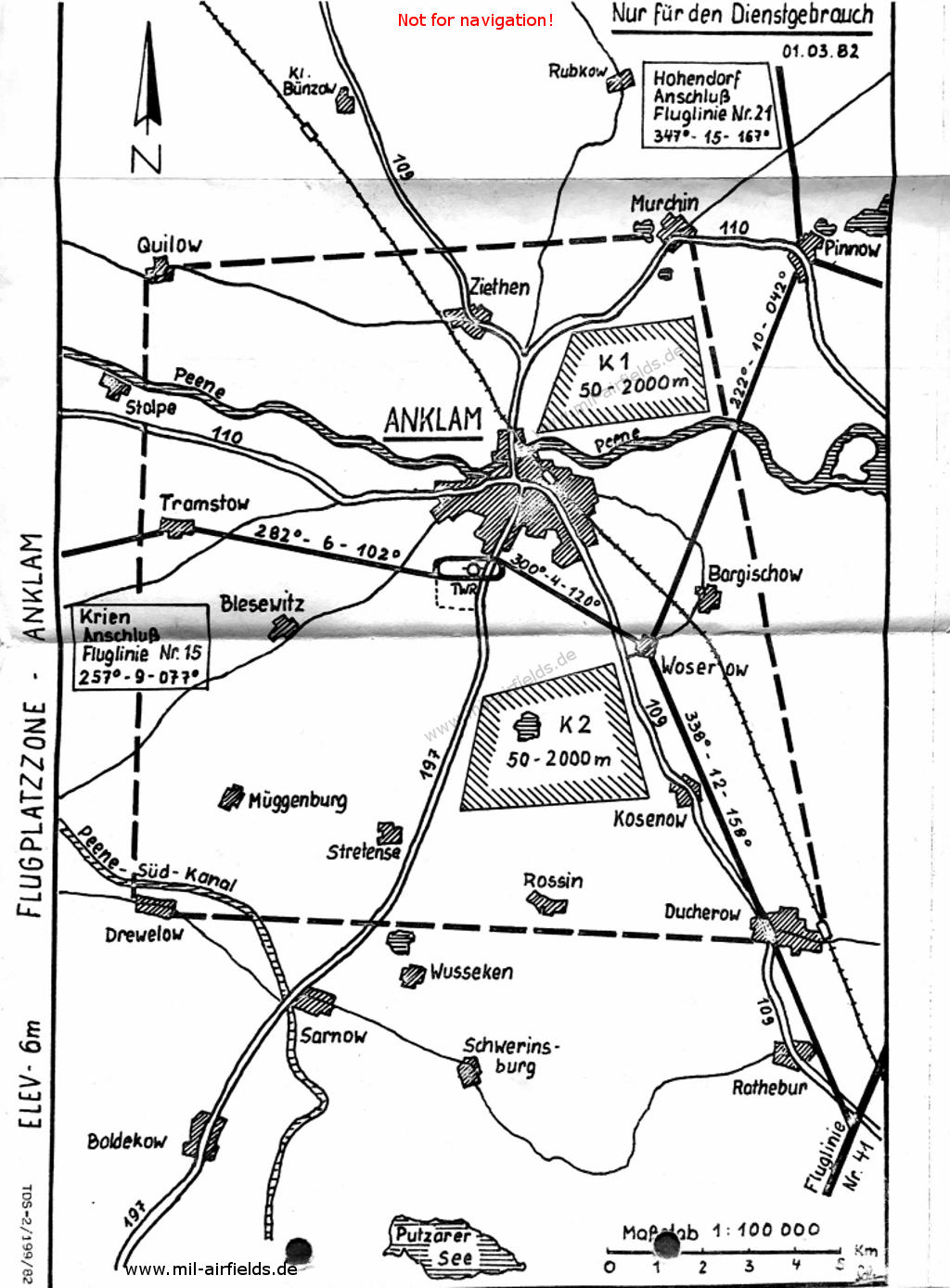 Karte mit Flugplatzzone Anklam, DDR 1982
