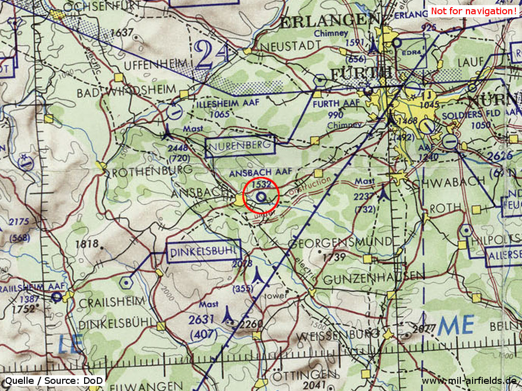 Ansbach Army Airfield auf einer US-Karte 1972