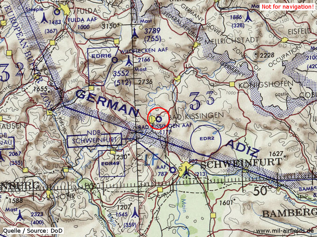 Bad Kissingen Army Airfield AAF on a US map 1972