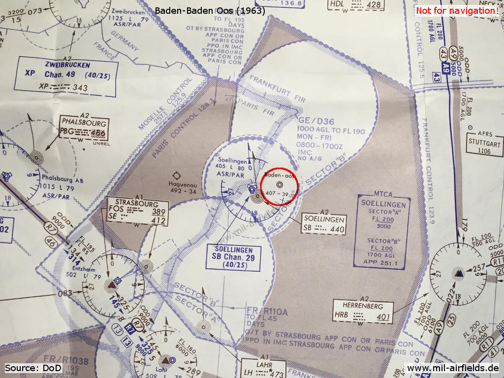 Karte mit Flugplatz Baden-Baden Oos 1963