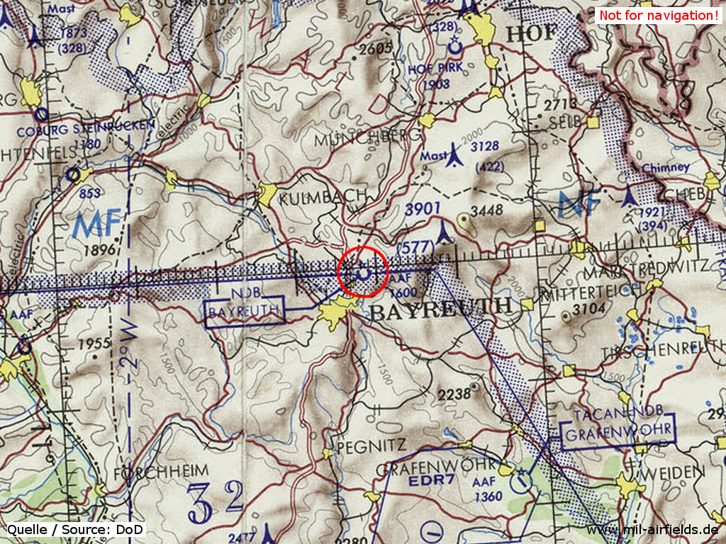 Das Bayreuth Army Airfield (AAF) auf einer Karte 1972