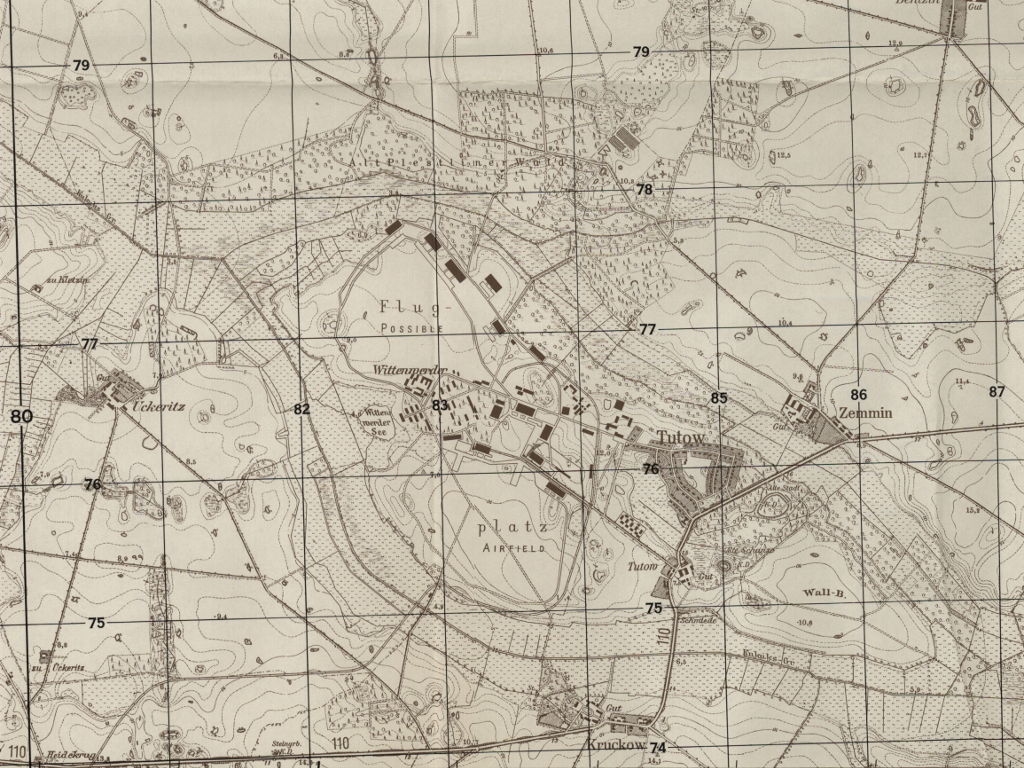 Flugplatz Tutow auf einer Karte 1952