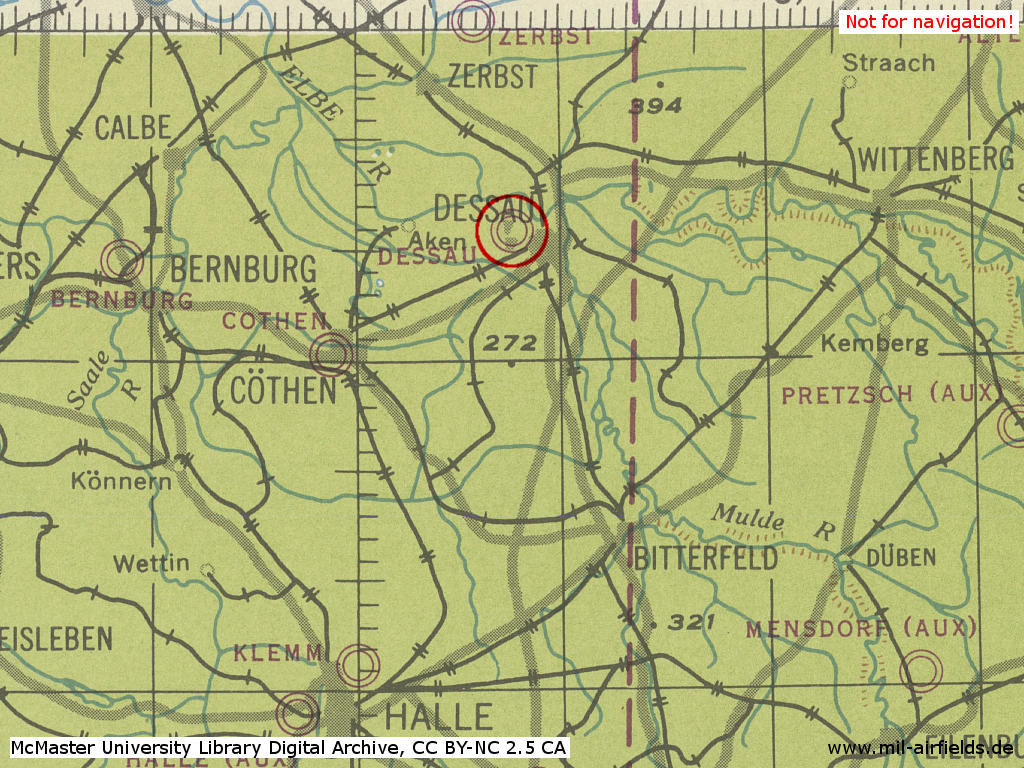 Dessau Airfield, Germany, in World War II on a US map 1944