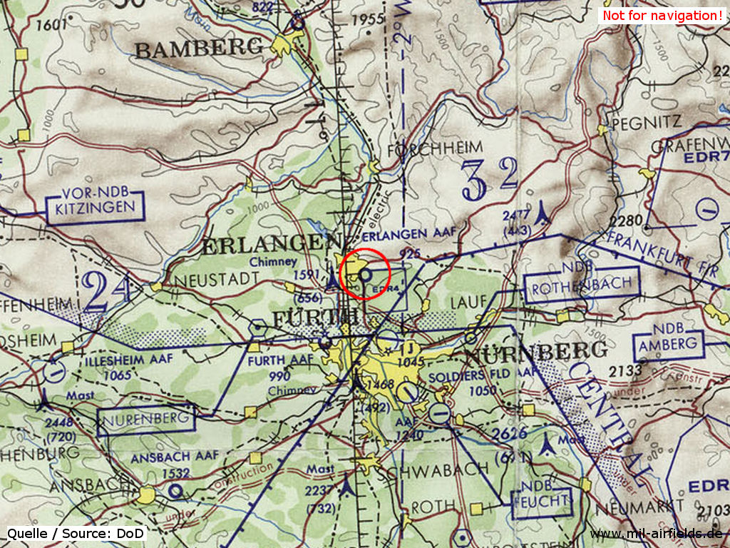 Das Erlangen Army Airfield (AAF) auf einer Karte 1972