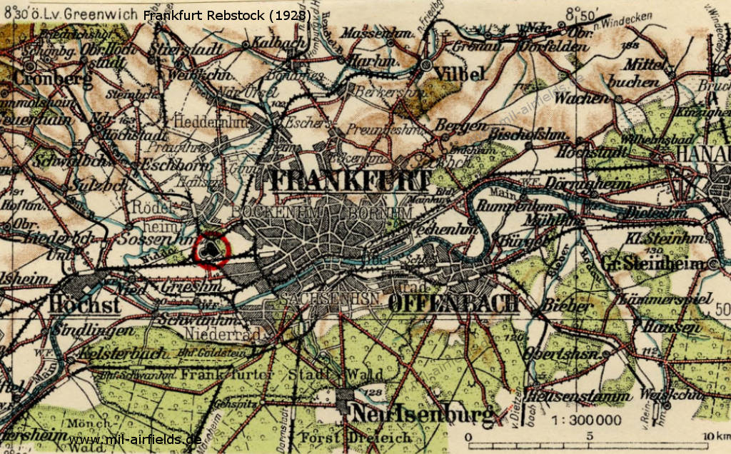 Karte mit Flugplatz Frankfurt Rebstock