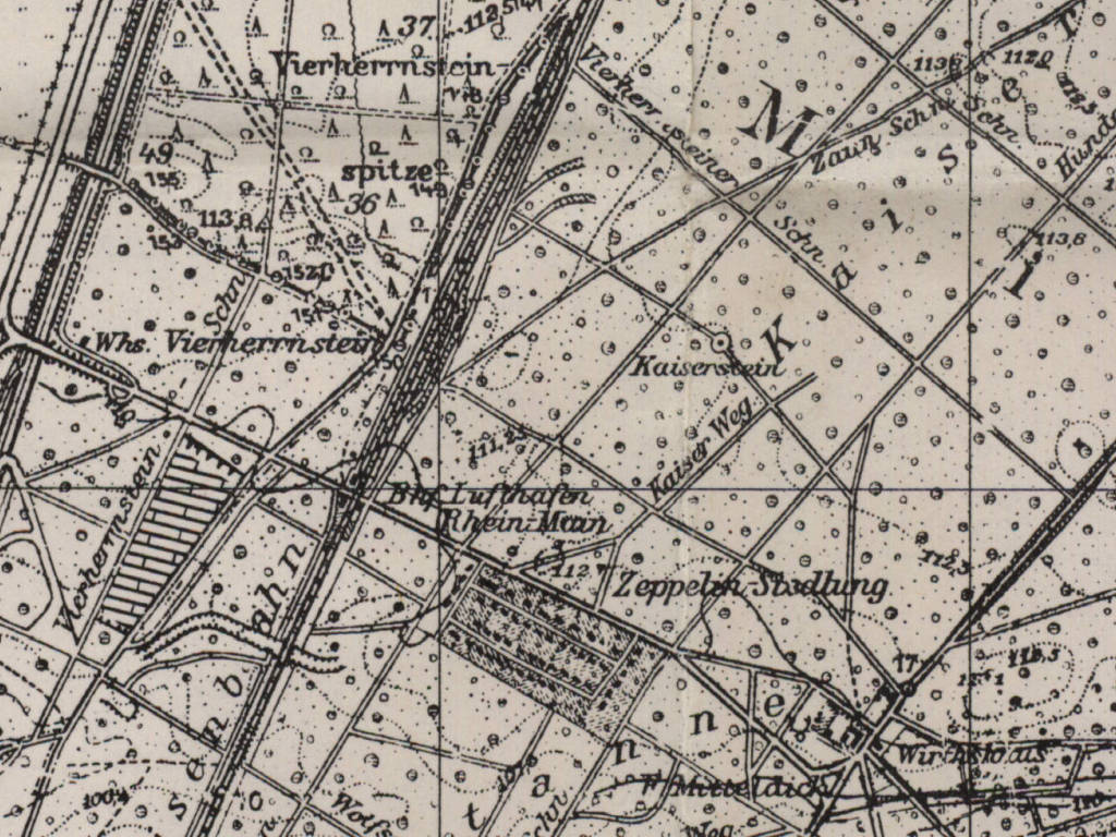 Historic map of old Rhein/Main railway station, Zeppelin-Siedlung (now Zeppelinheim) and Mitteldick