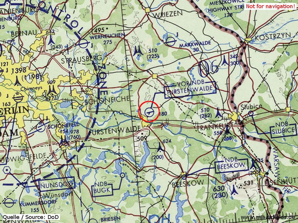 Map with Fürstenwalde airfield, Germany, 1972