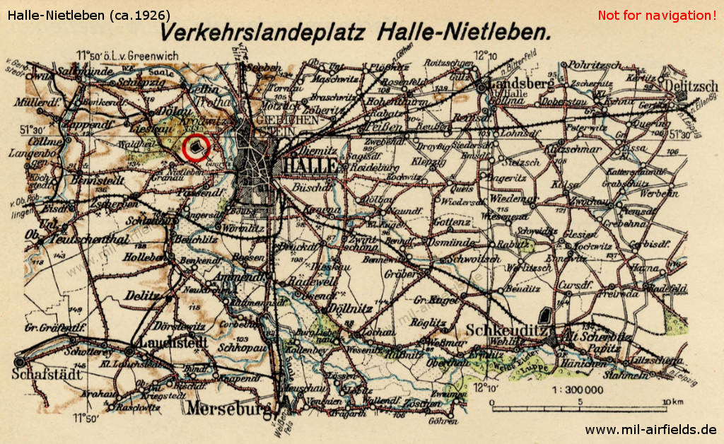 Der Flugplatz Halle-Nietleben auf einer Karte aus den 1920er Jahren
