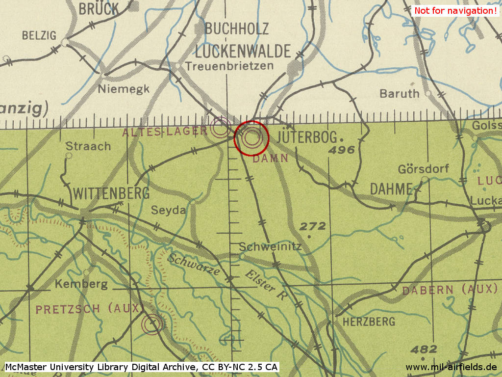 Fliegerhorst Jüterbog Damm im Zweiten Weltkrieg auf einer Karte 1943