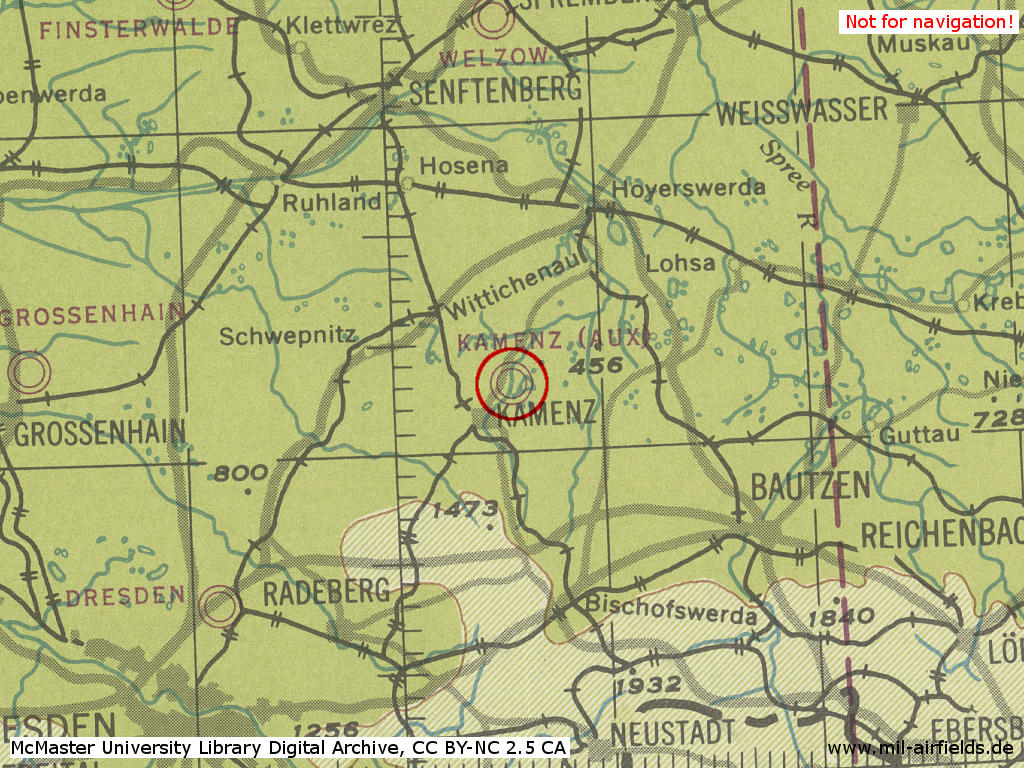 Der Flugplatz Kamenz im Zweiten Weltkrieg auf einer Karte 1944