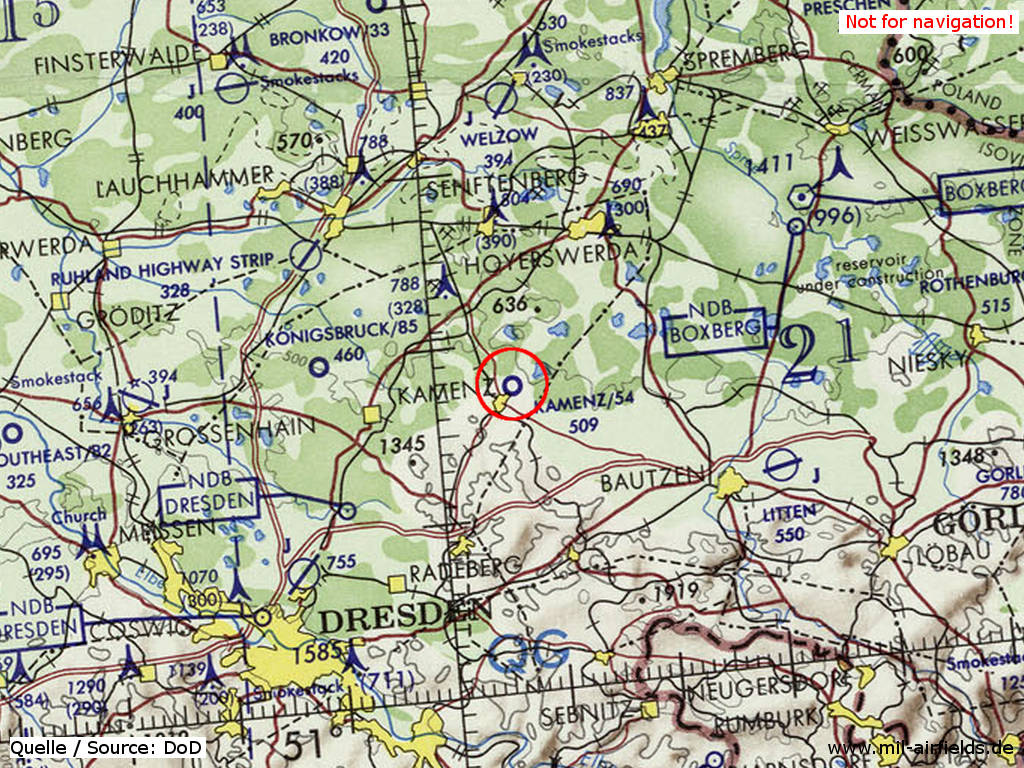 Kamenz Airfield, Germany, on a map 1972