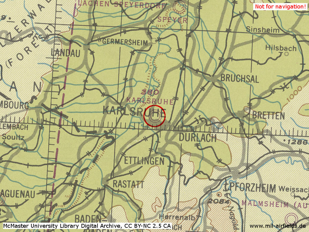 Map with Karlsruhe Airfield Germany in World War II