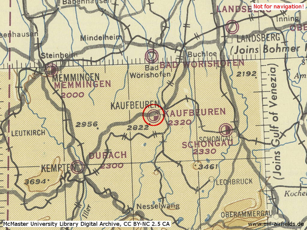 Karte mit Fliegerhorst Kaufbeuren der Luftwaffe 1945