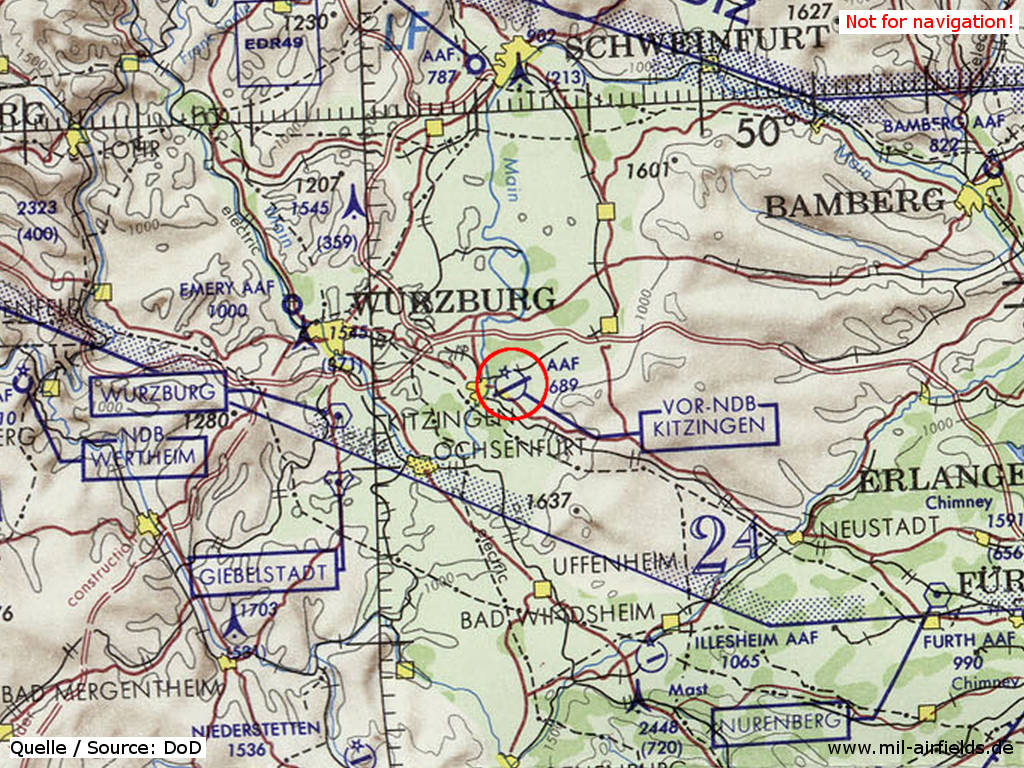 Kitzingen Army Airfield AAF on a US map 1972