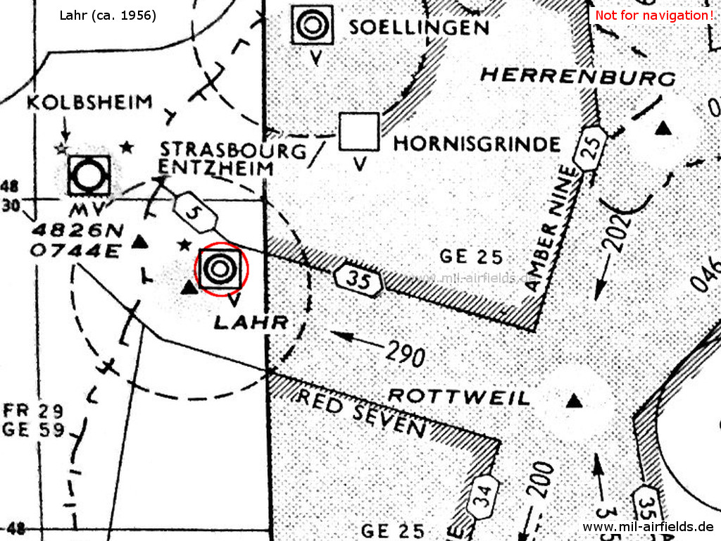 Französischer Militärflugplatz Base aérienne 139 Lahr auf einer Karte 1956