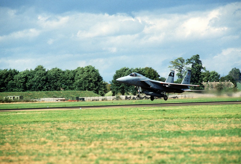 F-15 Eagle aircraft of the 60 TFS takes off at Lahr Airfield