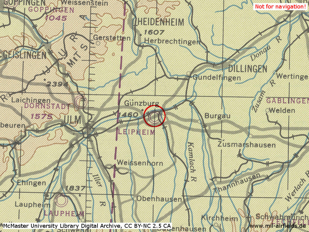 Karte mit Fliegerhorst Leipheim im Zweiten Weltkrieg 1944