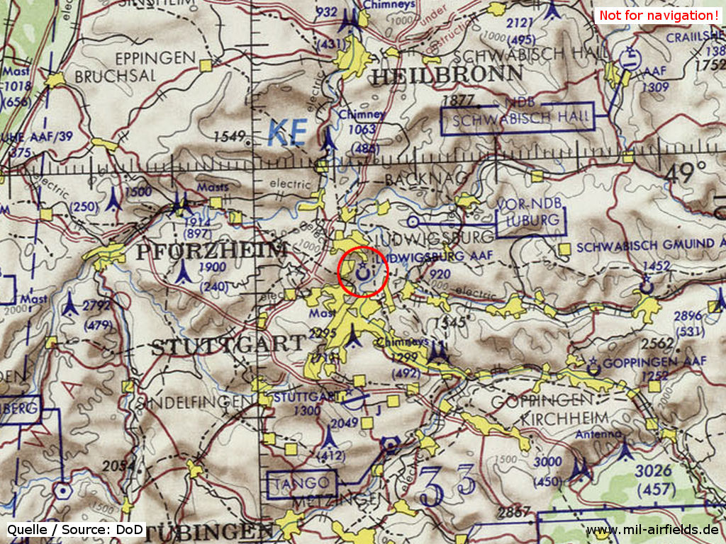 Ludwigsburg Army Airfield (AAF) on a US map 1972