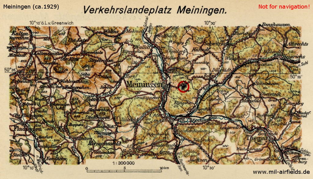 Map with Meiningen airfield, Germany.