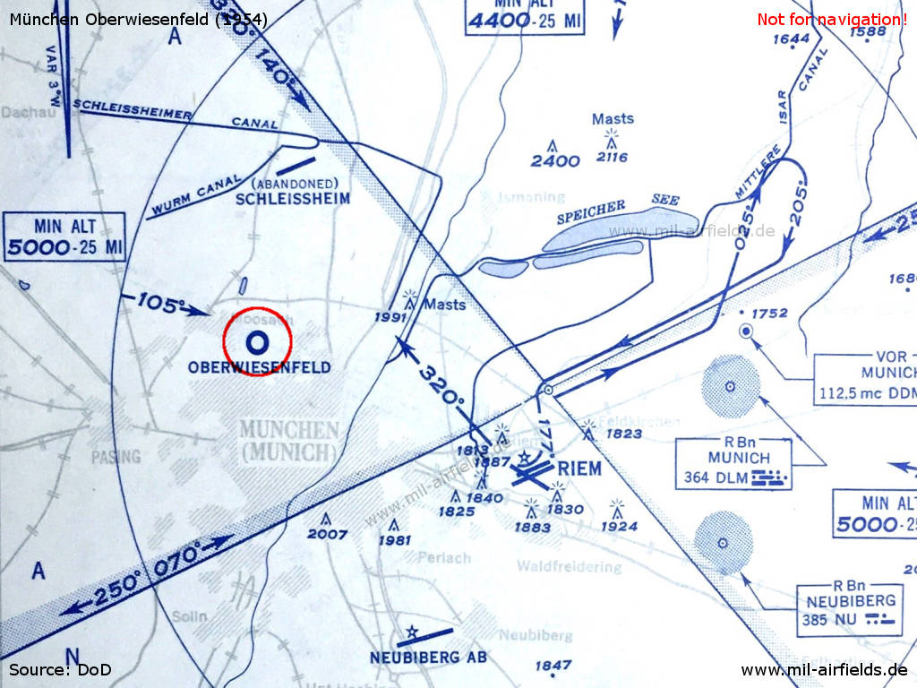 Map of Munich airspace with Oberwiesenfeld airfield in 1954