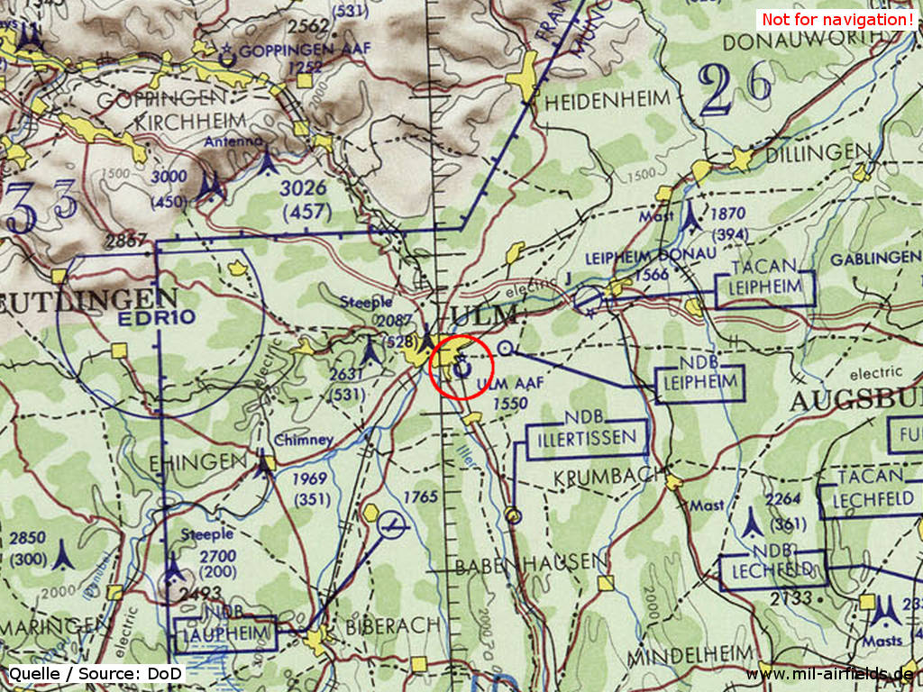 Map with Ulm Army Airfield AAF, Germany