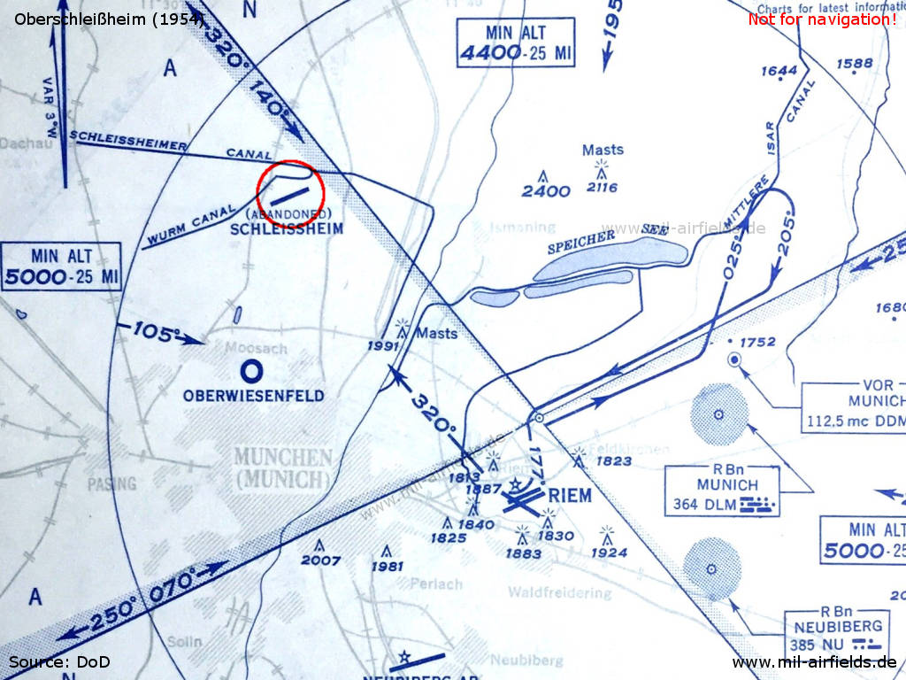 Map of airspace in Munich area with the abandoned Schleissheim airfield 1954