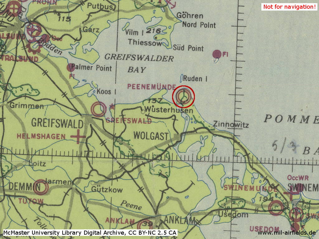 Peenemünde Air Base, Germany, on a map 1943