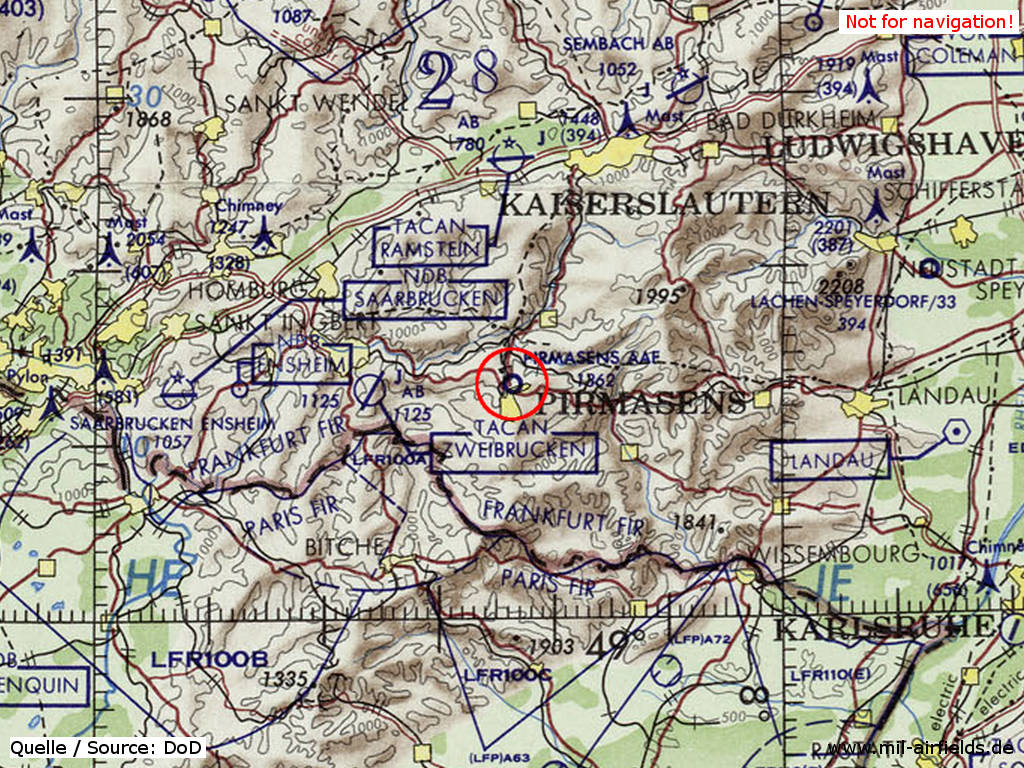 Pirmasens Army Airfield AAF on a US map 1972