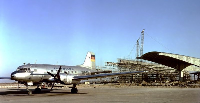 Interflug Il-14 DM-SBA Schoenefeld Airport January 1961. Hangar under construction.
