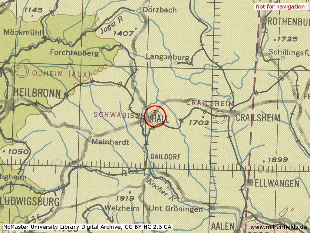 Schwäbisch Hall Air Base, Germany, on a map 1944