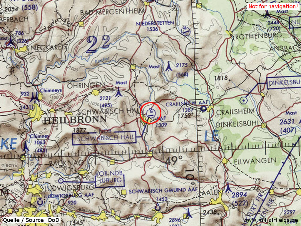 Schwäbisch Hall Hessental Army Airfield AAF auf einer US-Karte 1972